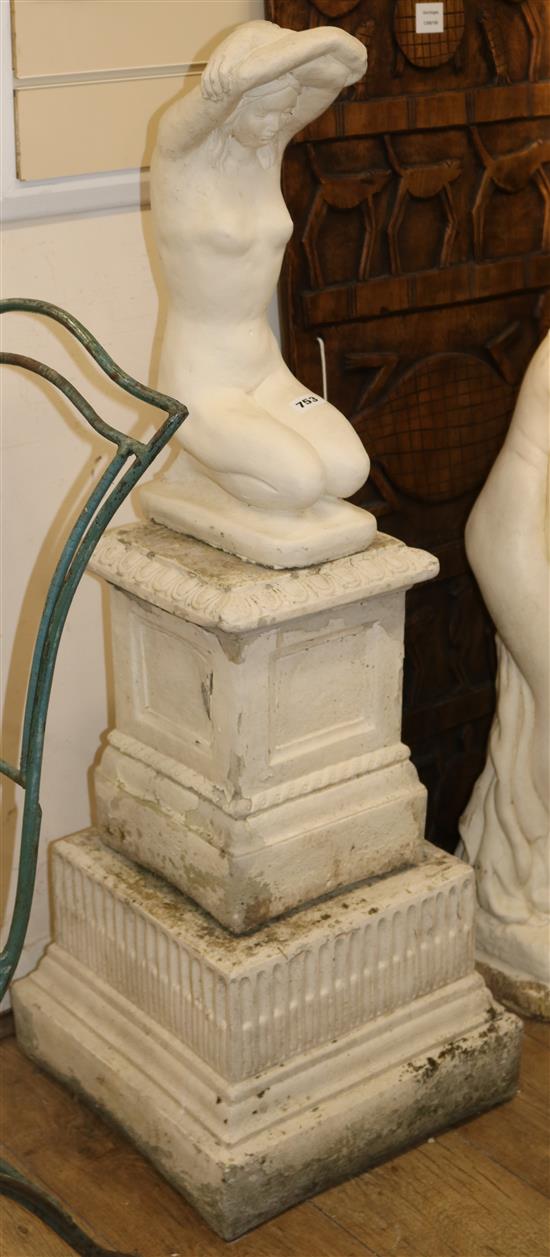 Two reconstituted stone figures of Venus, one on a short pedestal W.40cm and 25cm